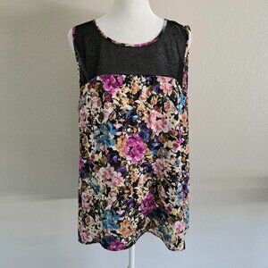 SPENSE Floral Blouse Top Sleeveless Dip Hem Mesh Yoke Colorful Polyester Size XL